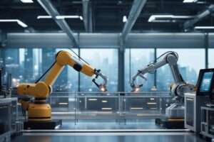 Industrial robots welding in modern factory.