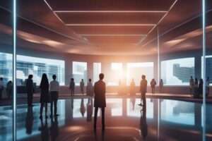 Modern office space with people and sunset view.