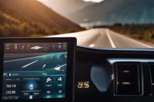 Car dashboard with futuristic display during highway driving.