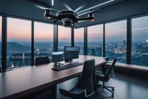 Modern office with city view and drone.