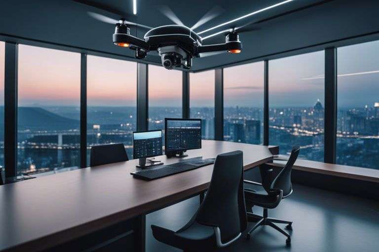 Modern office with city view and drone.
