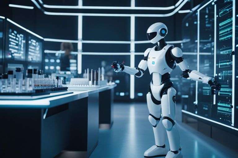 Robot in futuristic laboratory setting.