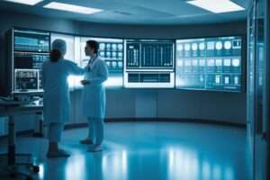 Two medical professionals discussing in high-tech hospital control room.