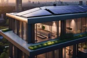 Modern house with rooftop solar panels at sunset.