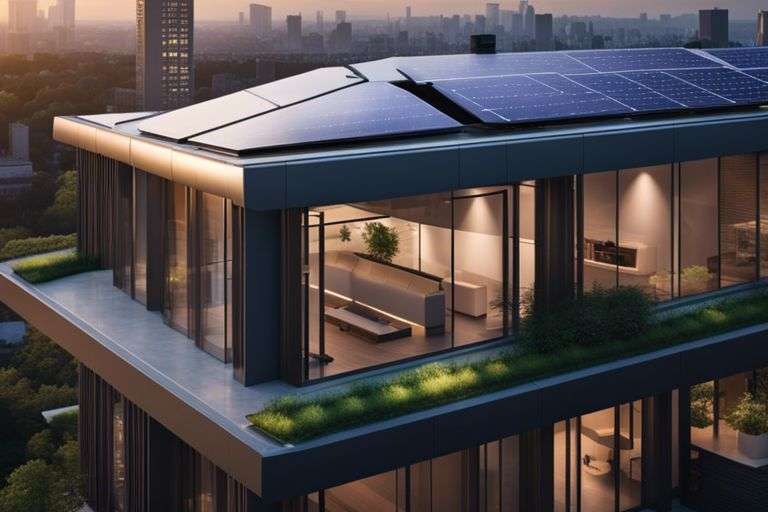 Modern house with rooftop solar panels at sunset.