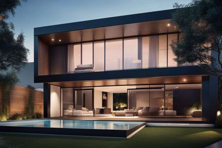 Modern house with pool at twilight.