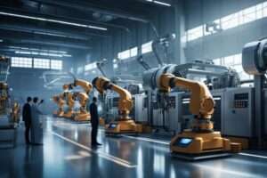 Industrial robots in a high-tech manufacturing facility.
