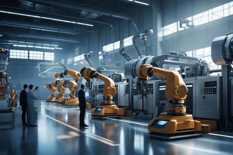 Industrial robots in a high-tech manufacturing facility.