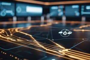 Futuristic control room with digital interfaces and glowing lines.