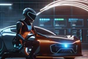 Robot with futuristic car in a high-tech garage.