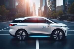 Electric concept car driving in urban setting