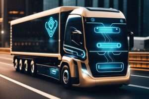 Futuristic autonomous truck on highway at night