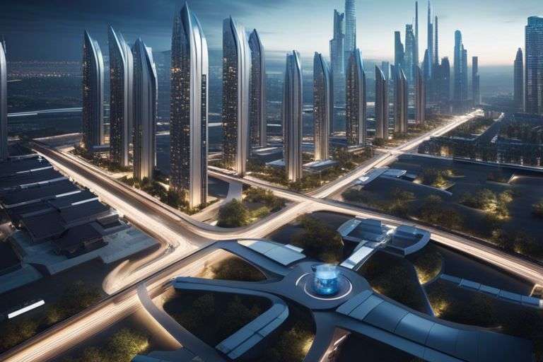 Futuristic cityscape with skyscrapers and illuminated roads at dusk.