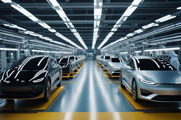 Car manufacturing assembly line with vehicles and workers.