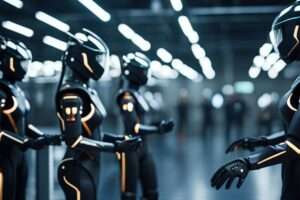 Futuristic robots with illuminated accents in a high-tech facility.