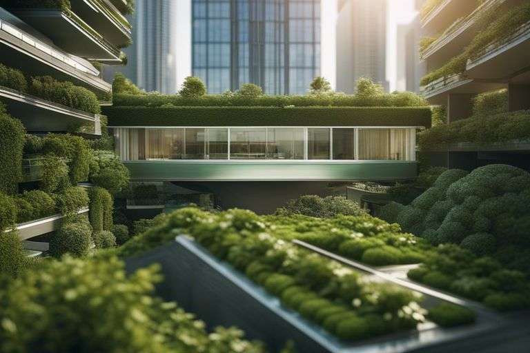 Green-terraced modern building in urban environment.