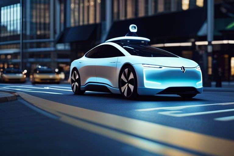 Futuristic autonomous vehicle driving in city at night.