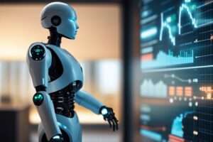 Robot analyzing financial data on screen.