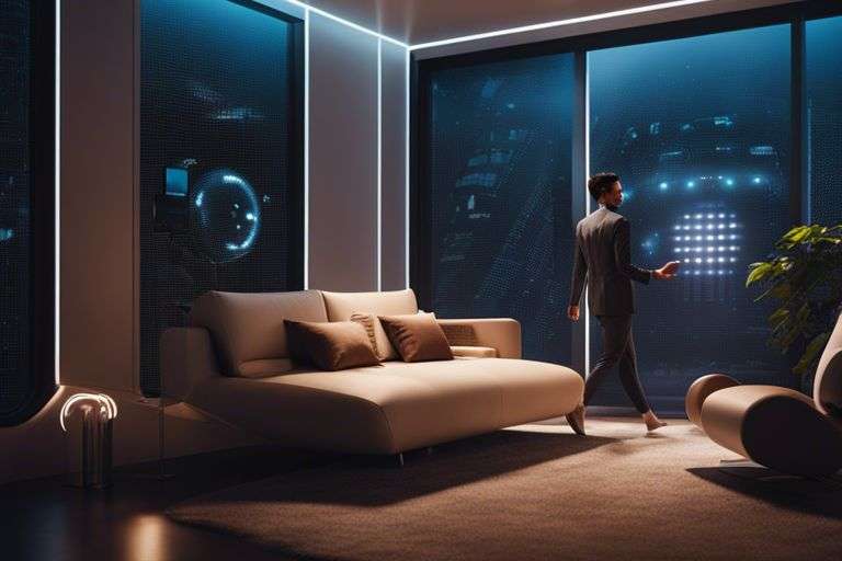 Man in modern living room with cityscape at night.