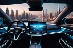 Futuristic car interior with city skyline view.