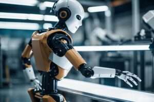 Humanoid robot in a high-tech manufacturing setting.