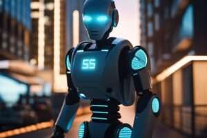 Futuristic robot with glowing eyes in urban setting.