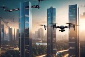 Drone flying between skyscrapers at sunset.