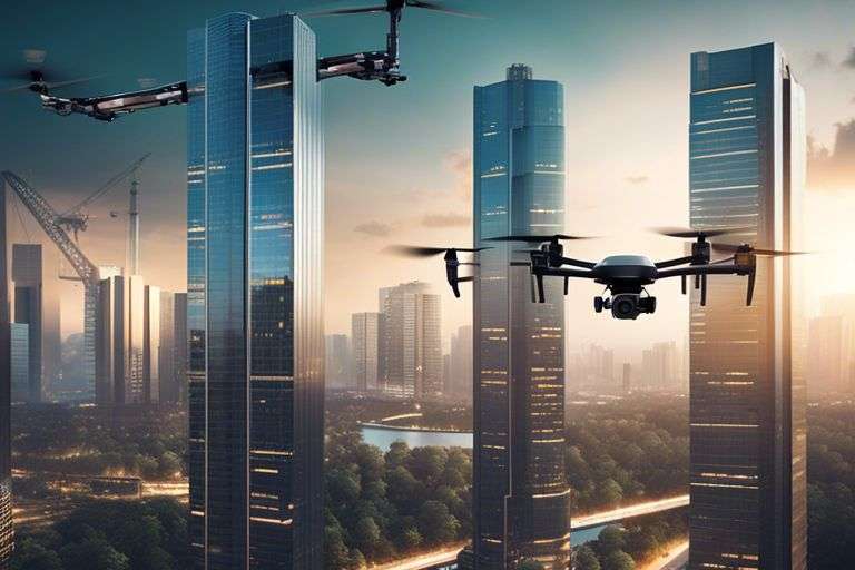 Drone flying between skyscrapers at sunset.