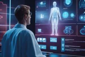 Man analyzing holographic human body in futuristic interface.