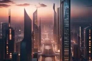 Sunset over futuristic city skyline with glowing roads.