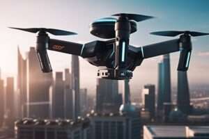 Drone flying over city skyline at sunrise.