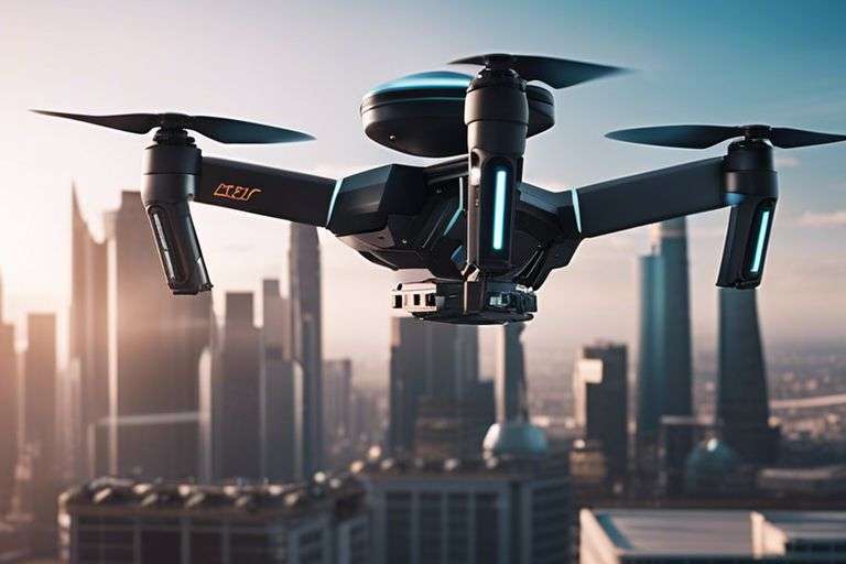 Drone flying over city skyline at sunrise.