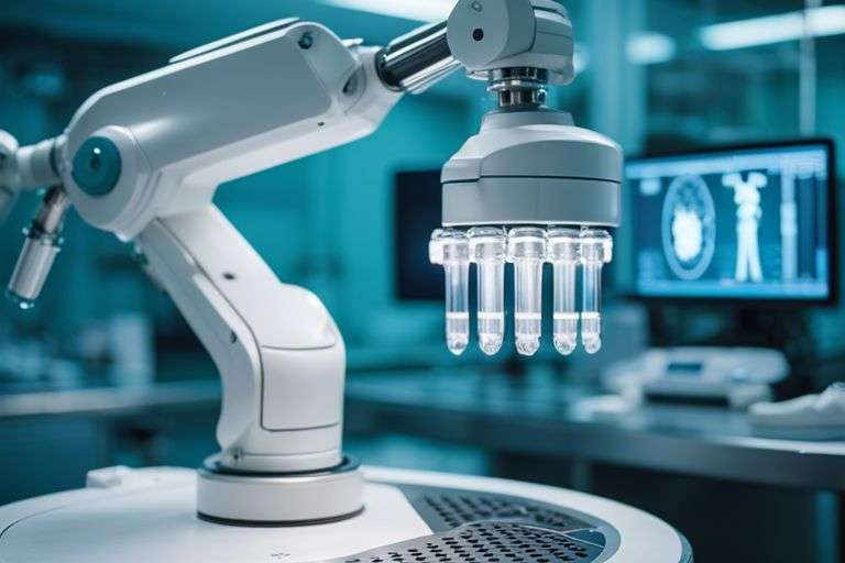 Robotic arm handling test tubes in a laboratory.