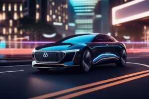 Futuristic car driving at night in city.