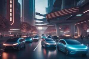 Futuristic cityscape with autonomous vehicles at twilight.