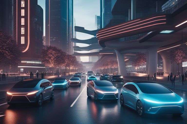 Futuristic cityscape with autonomous vehicles at twilight.