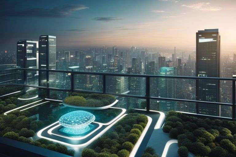 Futuristic city skyline at dusk from high-rise balcony.