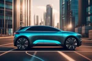 Futuristic electric car driving in urban cityscape.