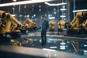 Man with laptop among industrial robots in factory.