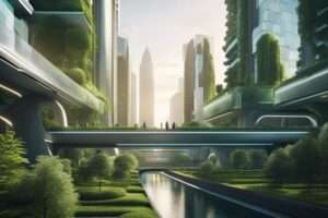 Futuristic cityscape with green architecture and elevated transit