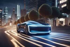 Futuristic car driving through modern city at night.