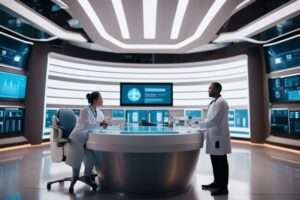 Scientists in futuristic laboratory setting.