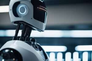 Futuristic white humanoid robot in modern facility.