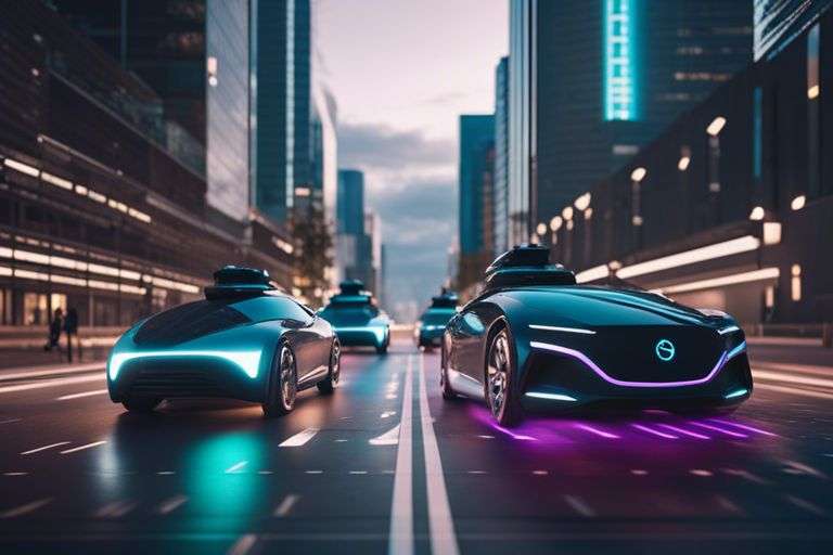 Autonomous futuristic cars driving in city at dusk.