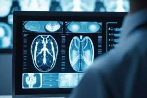 Doctor reviewing CT scan results on monitor.