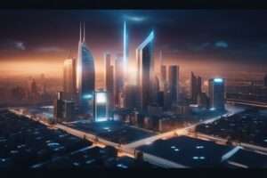Futuristic city skyline at twilight with glowing lights.