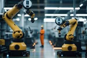 Industrial robots in a manufacturing plant with worker.