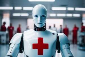 Medical assistance robot in futuristic healthcare facility.