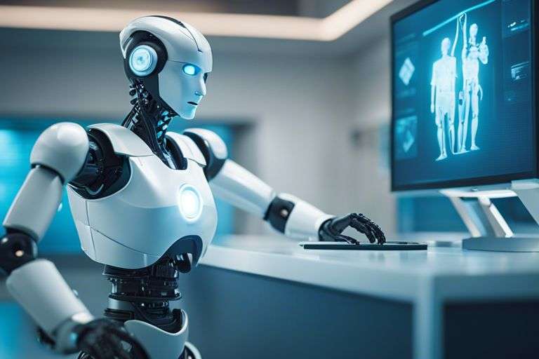 Robot analyzing data on computer screens in lab.