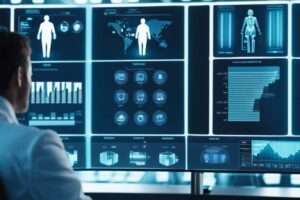 Person analyzing futuristic data on digital screens.